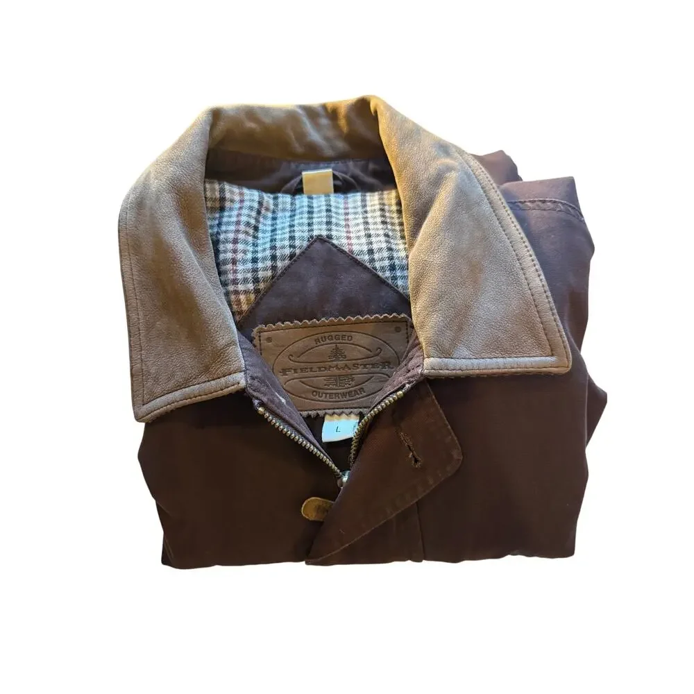 Fieldmaster Men’s Large Brown Canvas Work Jacket Tan Collar Plaid Lined Utility